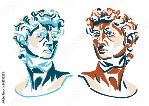 Antique statue head illustration. Sculpture of Michelangelo. Hand drawing illustration of David s head. Period of Renaissance.