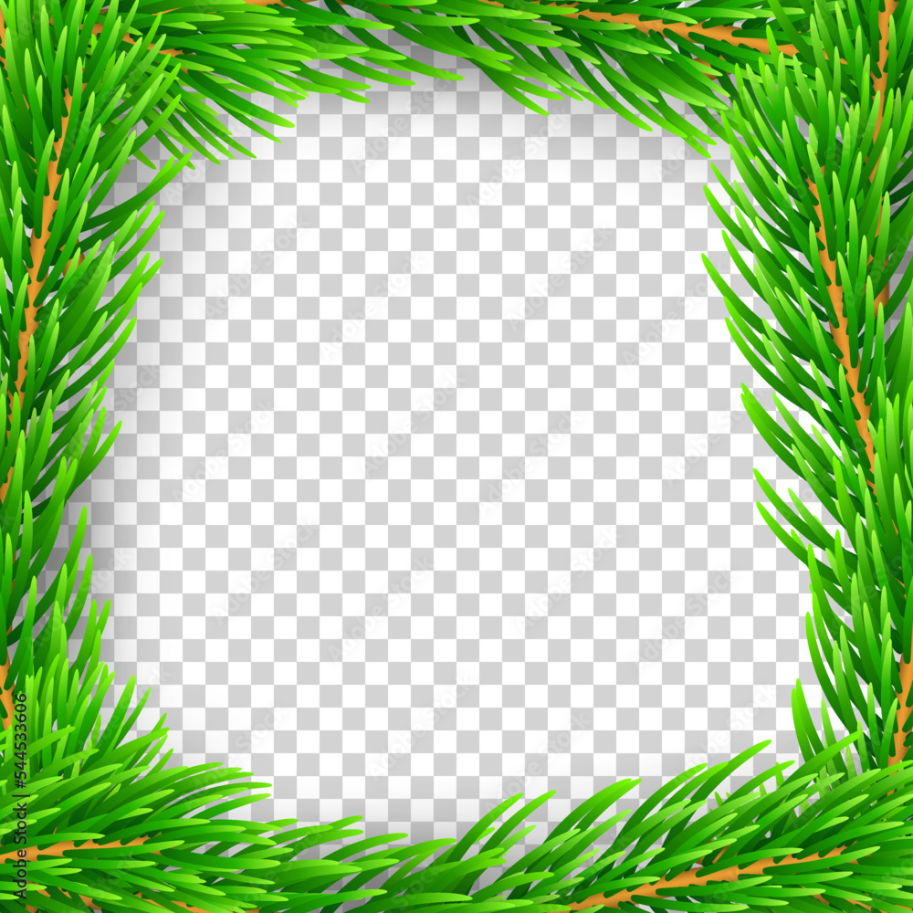 Christmas branch frame 3D. Green garland border isolated on white