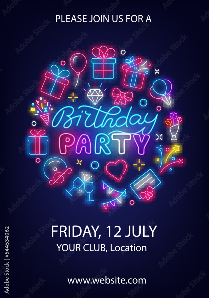Birthday Party neon poster. Glowing typography. Vertical invitation template. Vector illustration