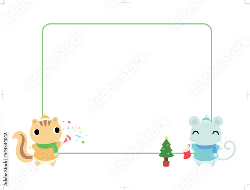 クリスマスの四角フレーム　リスとネズミ