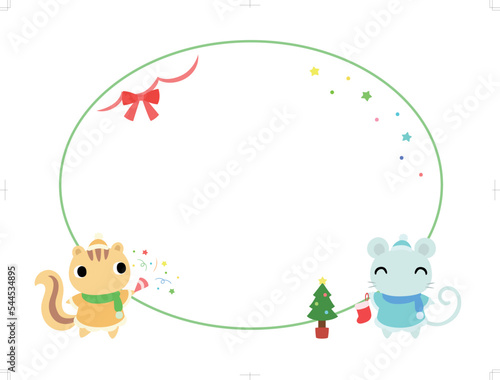 クリスマスの円形フレーム（装飾付）　リスとネズミ