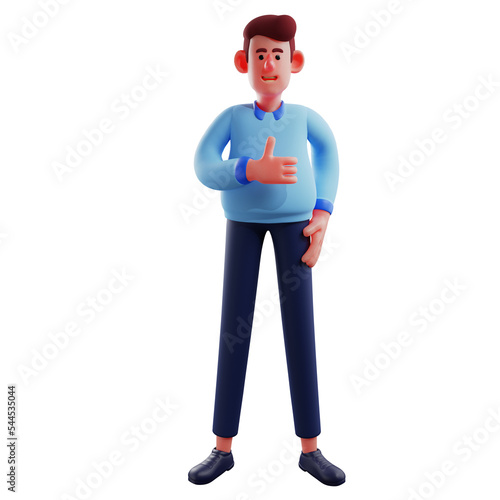  3D illustration. 3D Worker Character with thumbs up. has a handsome face. with a cool hairstyle. 3D Cartoon Character