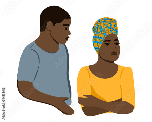 
Conflicts between husband and wife disagreement, resentment, divorce or misunderstanding in an African American family. The woman stands with her back to her husband. Flat vector illustration