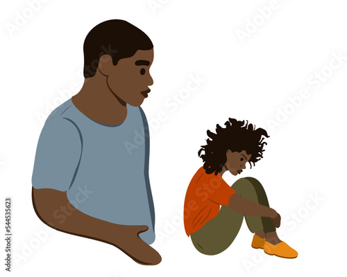 The African American father talks, supports, comforts the upset child. Sad African child, anxious emotion. child.
Or the concept of family conflict between parents and children.