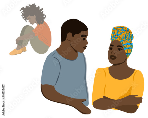 African American husband and wife or parents are talking or discussing how to help their child, daughter. Problems and difficulties of raising children. transitional age. Depression in children.