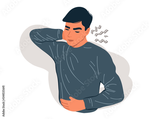 A man with a pain in his neck keeps his hand on his inflamed neck. Muscle pain, osteoarthritis, osteochondrosis, pinched nerves, rheumatism and fibromyalgia.