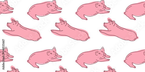 Cute pink pig seamless pattern. Doodle hand drawn vector illustration