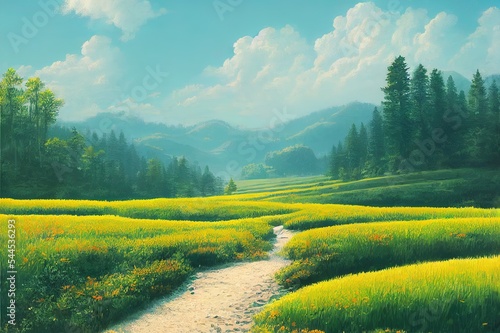 Illustration Landscape of Beautiful Nature Scenery, Path, Summer