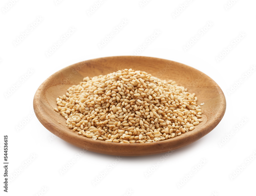roasted sesame seed in wood plate isolated on white background. a pile of Toast sesame seed isolated on white background. roasted sesame roasted sesame seed in wood plate isolated on white background. a pile of Toast sesame seed isolated on white background. roasted sesame