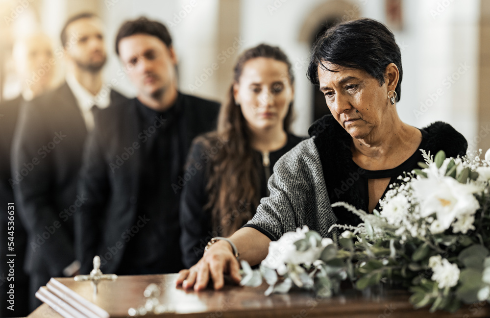 Funeral, death and coffin in church or Christian family gathering