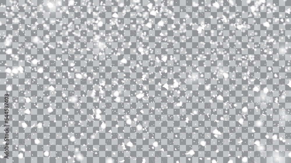 Falling snowflakes on a transparent dark background. Overlay design element. Winter decoration for New Year and holiday. Vector illustration. Falling snowflakes on a transparent dark background. Overlay design element. Winter decoration for New Year and holiday. Vector illustration.