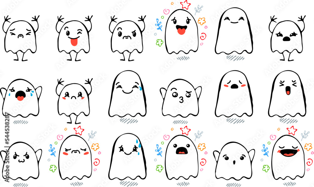 Set of Various Cartoon Ghosts with Emoticons. Doodle ghouls, eyes and ...