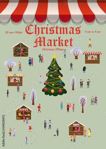Poster Christmas market, background. Xmas fair card with decorated Christmas tree