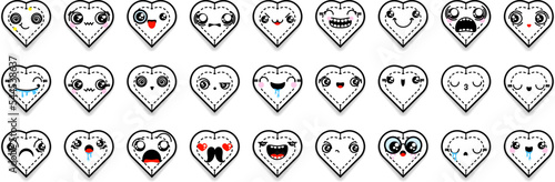 Set of cartoon heart icons with different emotions, smile, faces. Mixed outline doodle emoticons