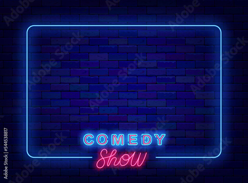 Comedy show neon advertising. Stand up performance. Blue shiny frame on brick wall. Glowing flyer. Vector illustration