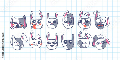 Cute Kawai rabbits. Different expression muzzles bunnies in doodle style. Angry, cheerful, joyful, happy, sick, love, suspicious, playful, laughing kawaii hare