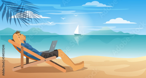 Foto Young man working on his laptop lying on a deck chair on the beach during sunset flat design