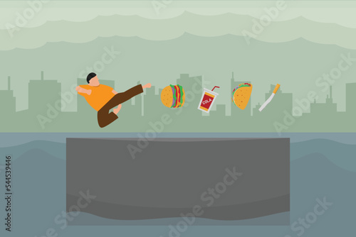 Side view of fat man kicking junk foods and cigarette 2d vector illustration concept for banner, website, illustration, landing page, flyer, etc