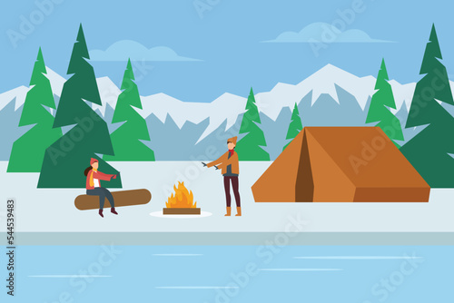Couple winter camp 2d vector illustration concept for banner, website, illustration, landing page, flyer, etc