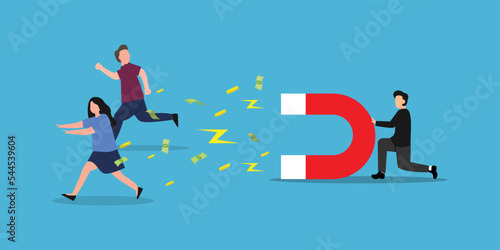 Entrepreneur holding large magnet and attract money form customers 2d vector illustration concept for banner, website, illustration, landing page, flyer, etc
