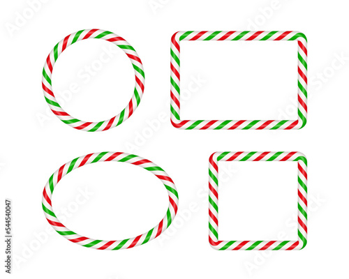Christmas candy cane frames with red and green striped. Xmas circle, oval, square border with striped candy lollipop pattern. Blank christmas template. Vector illustration isolated on white background