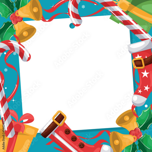 Merry christmas frame for picture with santa claus boots, candy cane, finished leaves, bell, with snow in the background