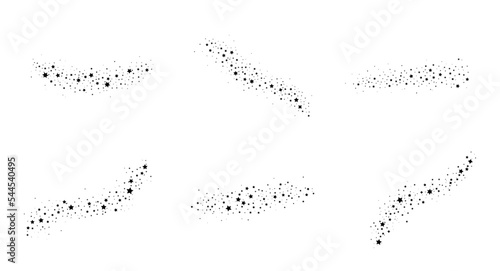 Set of vector magic trail of stardust, line of comets. Shooting stars isolated on white. Vector illustration. Magic dust waves, star trails.