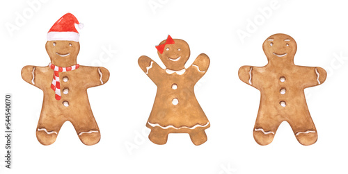 Set of 3 Gingerbread man clipart. Watercolor gingerbread cookies isolated. Cute Christmas gingerbread man, man with a Santa's hat and a scarf, and a buscuit girl with icing decor. photo