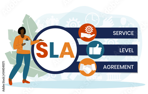 SLA - Service Level Agreement acronym, business concept background. Concept with keywords, letters and icons. Colored flat vector illustration. Isolated on white background.