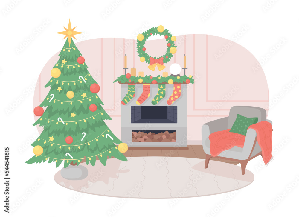 custom made wallpaper toronto digitalChristmas living room decor 2D vector isolated illustration. Xmas tree near fireplace flat residential composition on cartoon background. Colourful editable scene for mobile, website, presentation