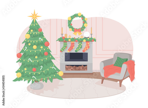 Christmas living room decor 2D vector isolated illustration. Xmas tree near fireplace flat residential composition on cartoon background. Colourful editable scene for mobile, website, presentation