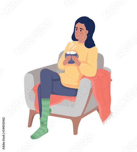 Happy girl sitting in armchair with hot cocoa semi flat color vector character. Editable figure. Full body person on white. Simple cartoon style illustration for web graphic design and animation