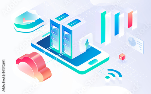 Internet communication equipment, network connection, data security with various network devices and people in the background, isometric illustration