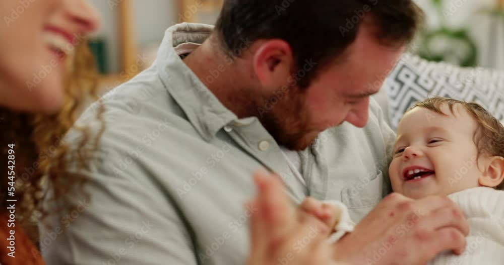 Family, love and mother kissing baby playing, having fun and bonding in ...