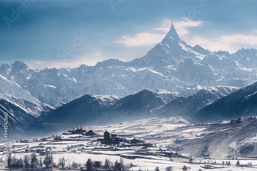 Panoramic view on Medieval towers covered with snow in Mestia in the Caucasus Mountains, Upper Svaneti, Georgia. photo