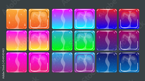 Gui assets, multicilored slime buttons. Cartoon colorful square glossy frames set. Vector elements for game or web ui design. 