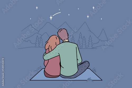 Happy couple sitting in mountains enjoying relaxing weekend together. Man and woman hug in wild nature outdoors. Vector illustration. 