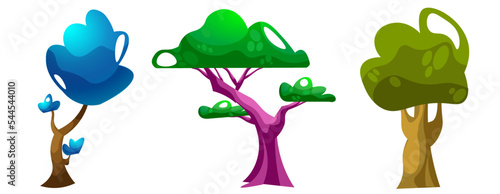 Set of magical trees isolated on white background. rpg fantasy elements. Cartoon vector illustration