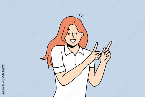 Smiling young woman point up at good deal or offer. Happy girl show with fingers up recommend good sale or discount. Copy space. Vector illustration. 