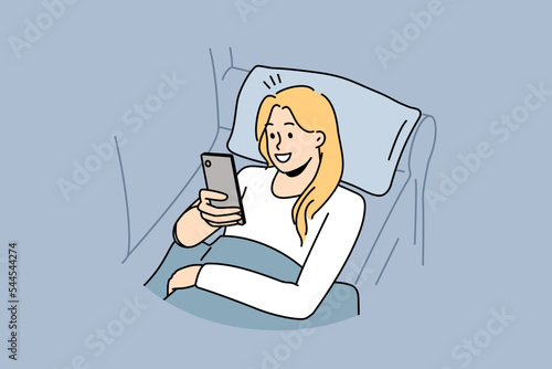Happy girl lying on couch using cellphone texting or messaging. Smiling young woman relax on sofa at home browse internet on smartphone. Vector illustration. 