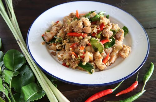 Stir streaky pork with lemongrass and shrimp paste, thai food,