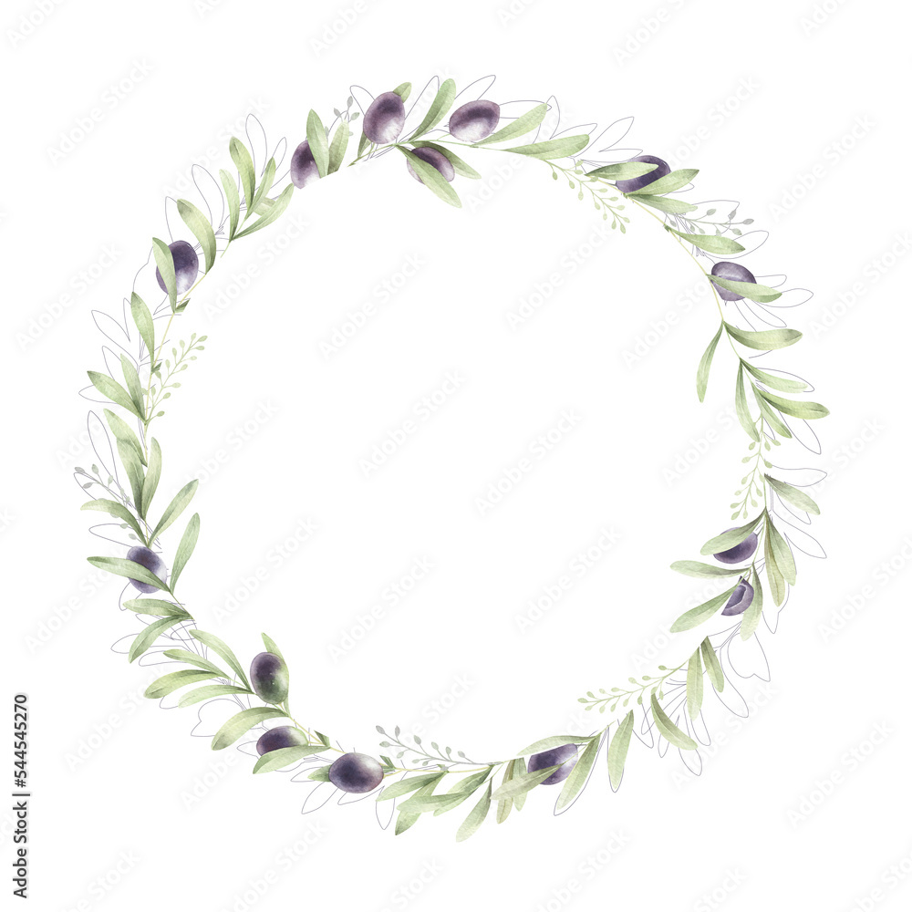 Watercolor wreath of olive. Hand drawn template with plant.