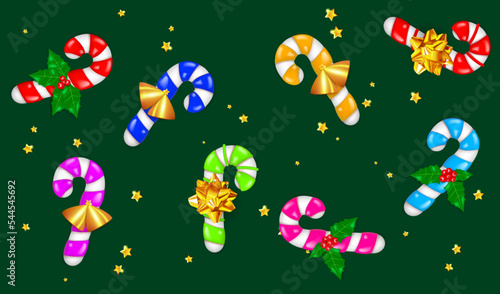 3d Candy Canes with christmas ornaments. Realistic objects for Christmas and Happy New Year design. Vector illustration