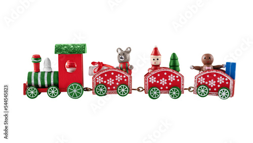 Red Christmas toy train isolated on white. Christmas greeting card.
