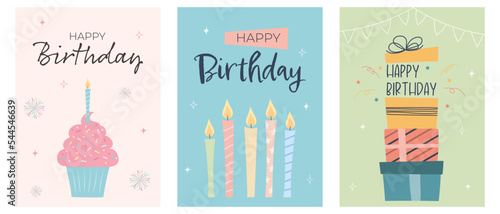 Happy birthday greeting card set, hand drawn style.