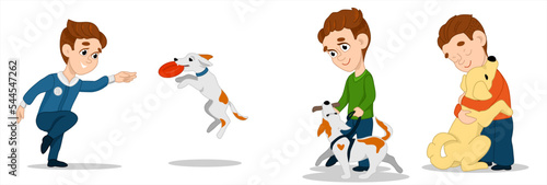 The boy is playing with the dog. The boy hugs a puppy. Concept of friendship between human and animal. Flat vector illustration on white background. Cartoon Characters.