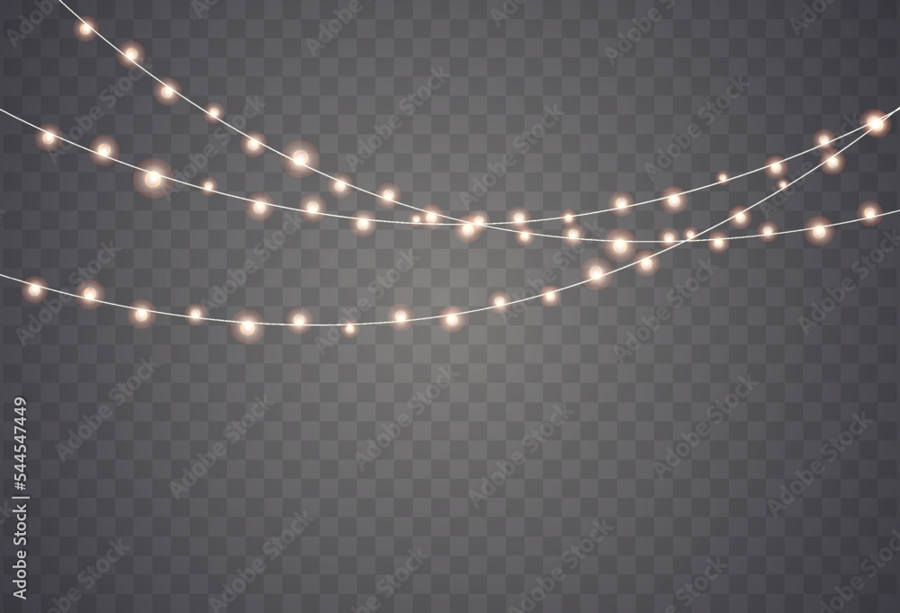 Christmas lights are isolated. Glowing lights for Xmas Holiday cards, banners, posters, and web design. String garlands decorations.