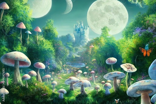 fantastic wonderland landscape with mushrooms, lilies flowers, morpho butterflies and moon. illustration to the fairy tale Alice in Wonderland photo