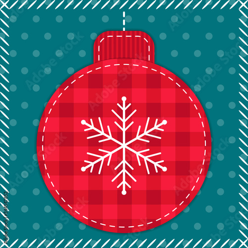 Red and blue Christmas patchwork illustration with christmas tree ball and snowflake. Quilt design from stitched elements in retro style for kids textile, fabric background, gift packaging.