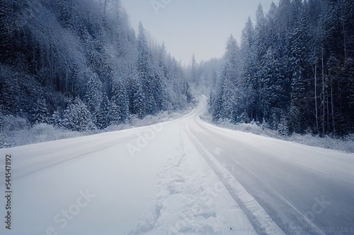 Scenic winter dangerous icy slippery winding highway road with piles of snow on the side of the road after clearing the road and snow covered mountains overgrown with spruce forest in Montana